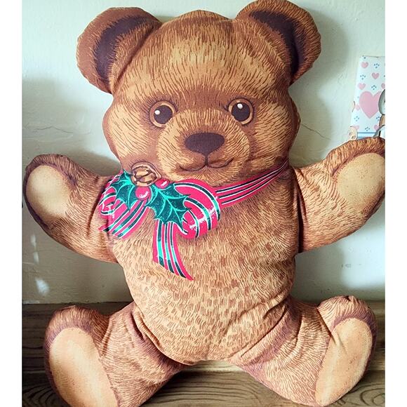 Vintage 17" Brown Teddy Bear Craft Fabric Christmas Pillow Décor Stuffed See Pic - Picture 1 of 6